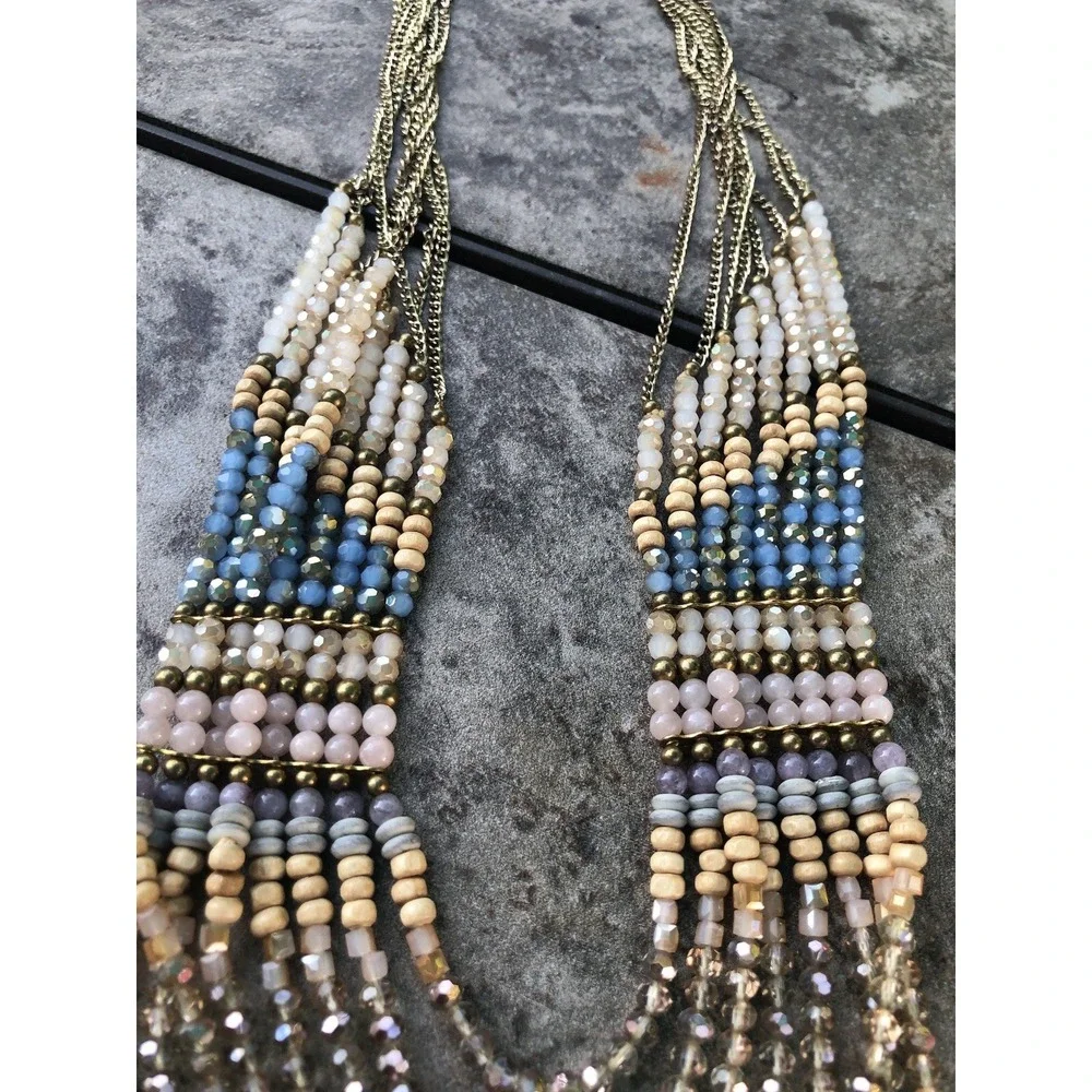 Nakamol Beaded Necklace 8 Strand Blue Ivory Gold Indie Coastal Beach 24